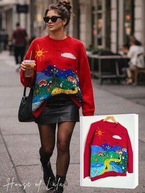 Cottagecore Storybook Farm Scene Novelty Sweater Whimsical Vintage